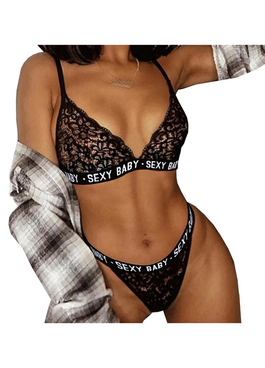 Fehérnemű Szett Melltartó és Tanga, SNM, Csipke, Fekete, S/M, 2 részes