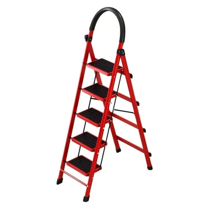 Сгъваема метална стълба с 5 стъпала, нехлъзгаща се, компактна, червена, 165 см