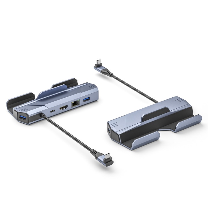 Statie de andocare pentru consola Steam Deck/ROG Ally/Switch 1 si 2, Bluvista®, 6 in 1, HDMI 2.0/4K la 60Hz, Gigabit Ethernet 1000Mbps, Aluminiu, Gri
