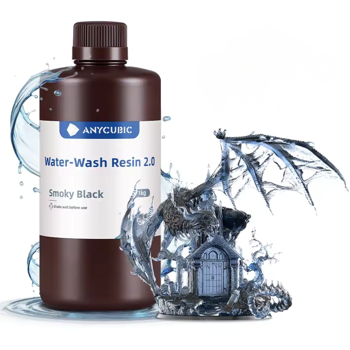 Rasina 3D, Anycubic Water Washable 2.0, 1kg, Negru fumuriu, pentru imprimanta 3D