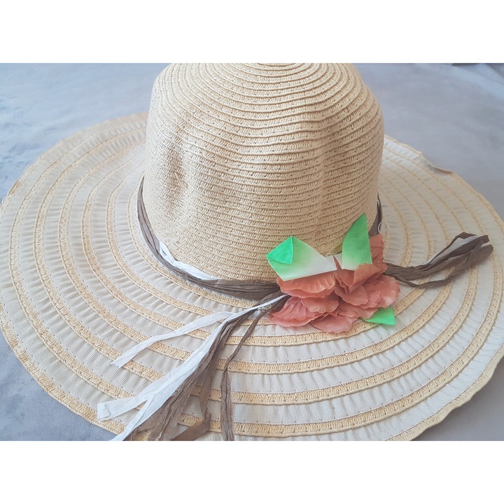 Set de 6 palării plajă dama, Luk, bej cu floare, model cu bor mare, One-Size