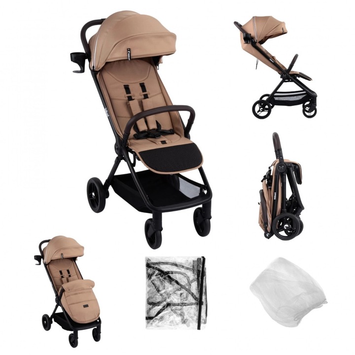 Детска количка Kidnort Snougle Beige, автоматично сгъване с една ръка, вентилационни прозорци, до 22 кг, със окачване, включени практични аксесоари