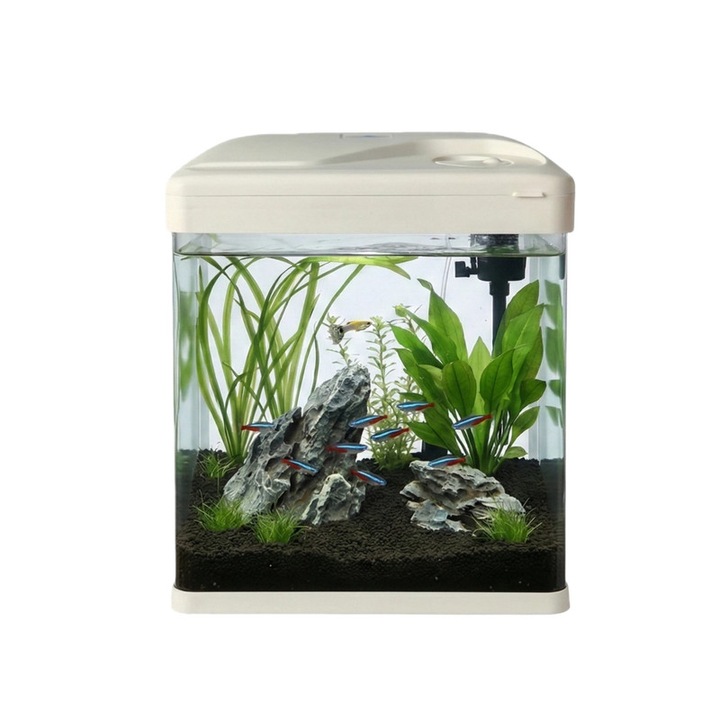 Acvariu Premium 9L din Sticla Panoramica Ultra-Clara - Design Modern Alb cu Iluminare LED 3 Culori si Filtru Silentios - Ideal Decor Birou