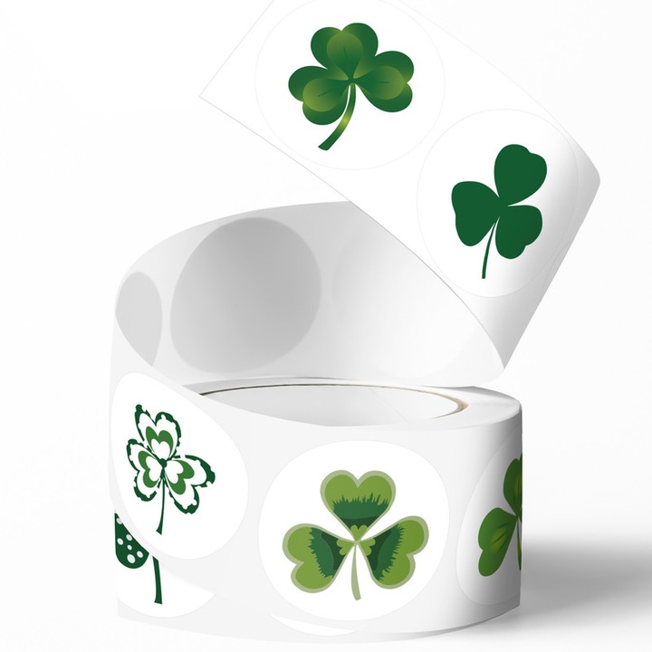 Rola 500 Etichete Adezive "Trifoi cu Patru Foi", Design Verde Asortat, Perfecte pentru St. Patrick's Day si Decorarea Cadourilor