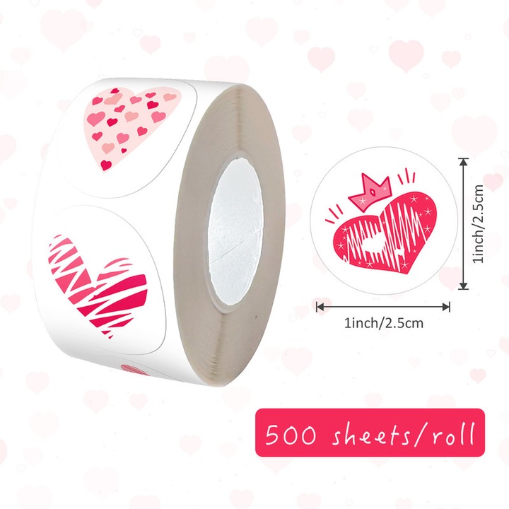 Etichete Adezive pentru Cadouri Valentine's Day - Rola 500 Buc, Design Grafic Modern cu Inimi si Dungi, Roz/Rosu