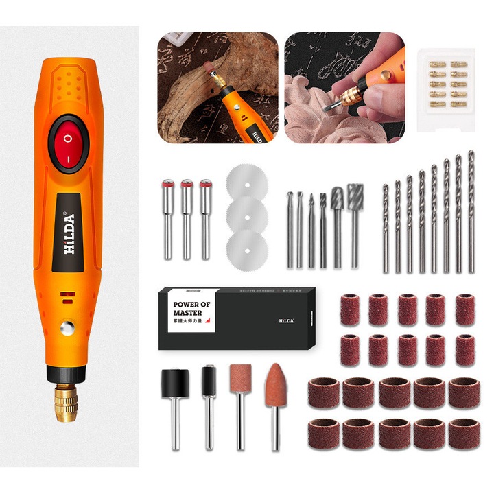 Set unelte multifunctionale 12V, Hilda, mini unealta rotativa fara fir, 155 accesorii, 5 viteze, 18000rpm, pentru artizanat si DIY