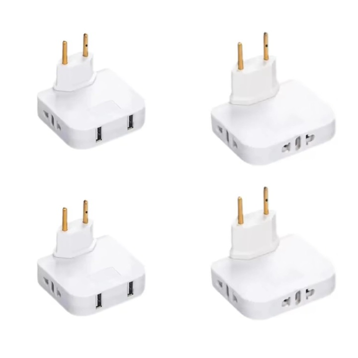 Set 4 adaptoare multifunctionale cu 3 prize si porturi USB, design rotativ 180°, alb