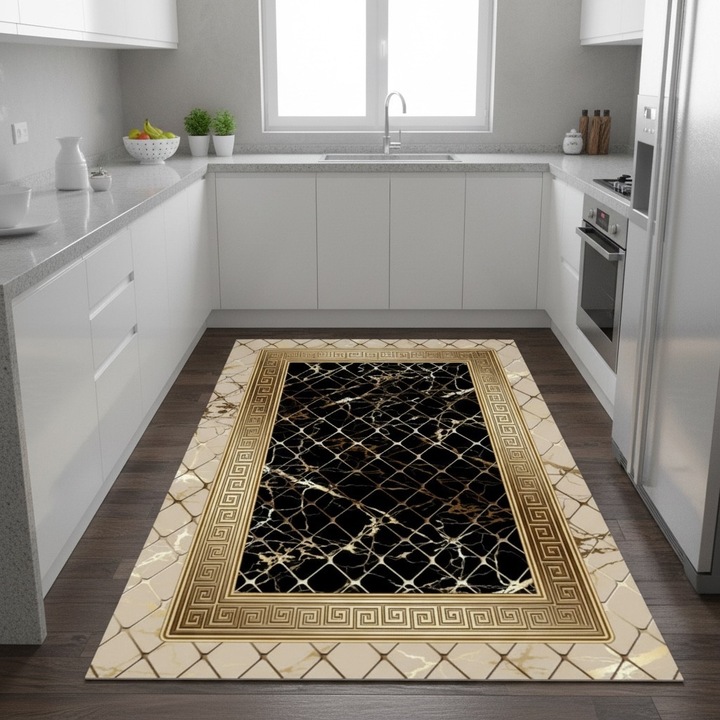 Covor mocheta antiderapant Patru Anotimpuri Digital 3D, crem inchis/negru/auriu, 150x230cm