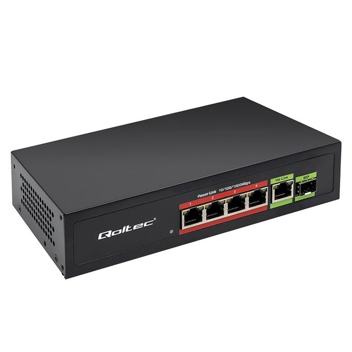 Switch fara management Qoltec, 4x RJ45 PoE, 1x RJ45 Uplink, 1x SFP, 65W, 1000 Mb/s