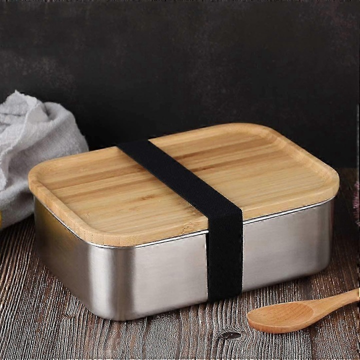 Rozsdamentes acél élelmiszeres doboz, 1200ml, bambusz fedél, kés és villa szett, 19.5x14x7cm, ezüst és bambusz
