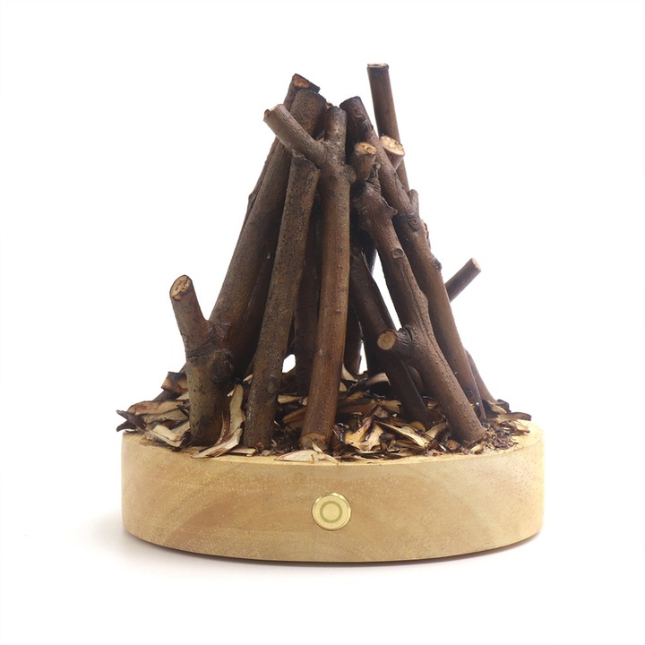 Lampa de noapte, 12x12x16cm, efect flacara, galben cald, cu functie de zgomot alb, set cu cablu USB