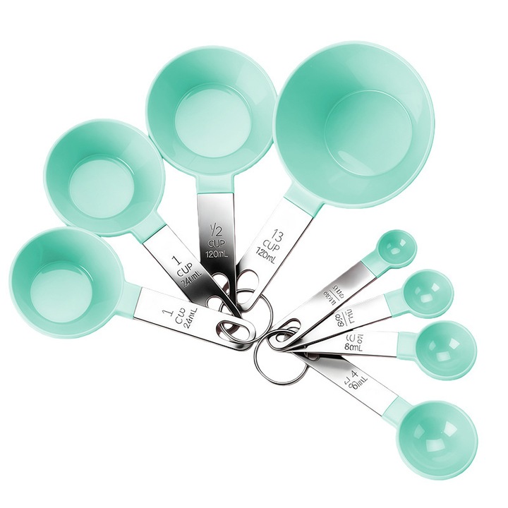 Комплект от 8 части за домашно измерване, кръгли чаши и лъжици с дръжки от неръждаема стомана, зелен цвят