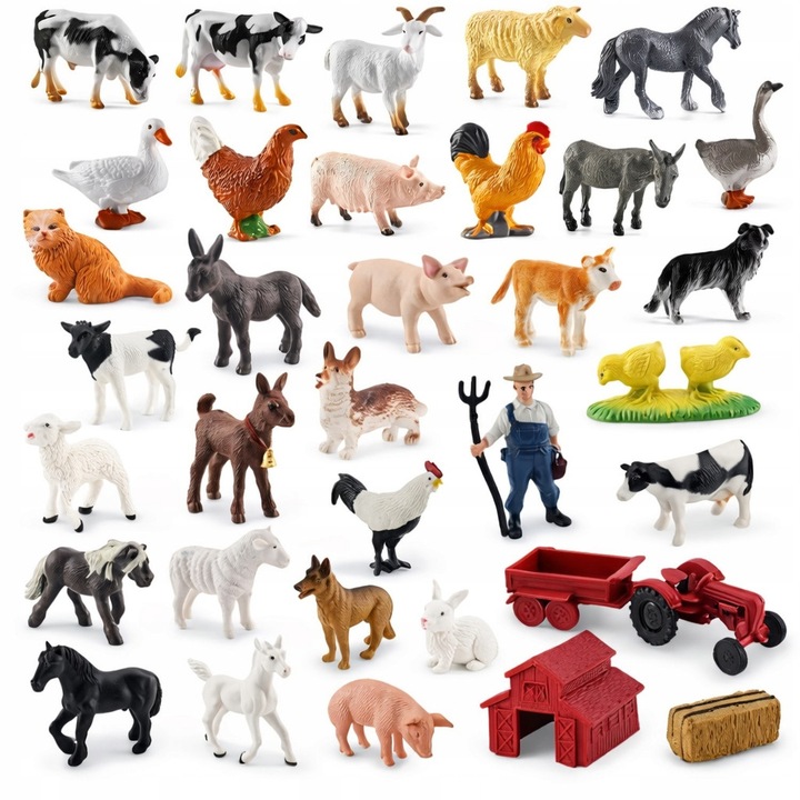 Set figurine ferma, 35 elemente, animale de ferma, 6+, dimensiuni figurine 4-9 cm, material plastic