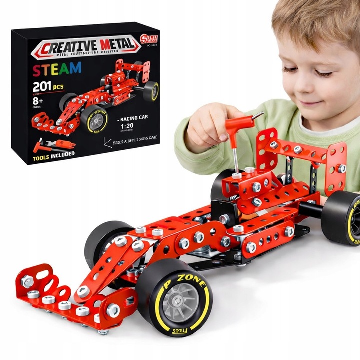 Set Constructie Metalic Bolid F1 Masina de Curse Rosu DIY 201 Elemente Asamblare Modelism Educativ Jucarie Cadou Baieti Fete Peste 8 Ani Dezvolta Creativitatea