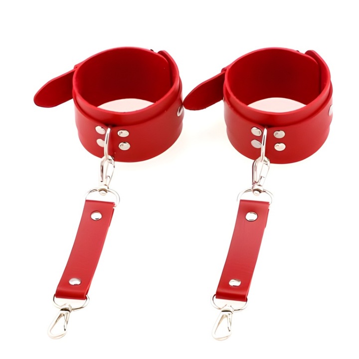 BDSM белезници от екологична кожа, Cribeau, регулируеми, червени