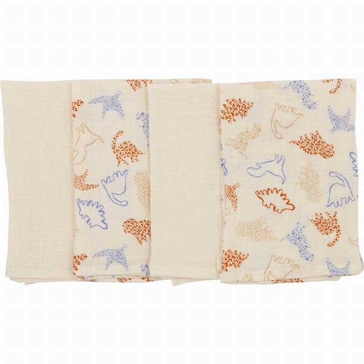 Set 4 lavete, Bubaba, Din muselina, Dimensiune 40x40 cm, Pentru spalarea si ingrijirea fetei si a corpului bebelusului dupa masa sau baita, Beige Animals
