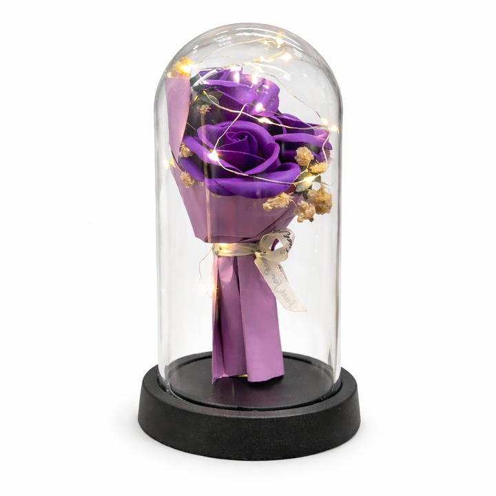 Trandafir din sapun mov in cupola cu lumina LED ambientala, 20 cm – cadoul perfect pentru ea