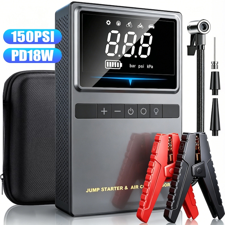 Starter Auto, BYONDSELF®, 4000A, 24800mwh, 150psi, Incarcare Rapida 18W, Acumulator Extern, SOS/Stroboscop/Iluminare, Ecran Digital, Portabil, Pentru 6.0L Motor Benzina/5.0L Diesel, cu Geanta, Negru