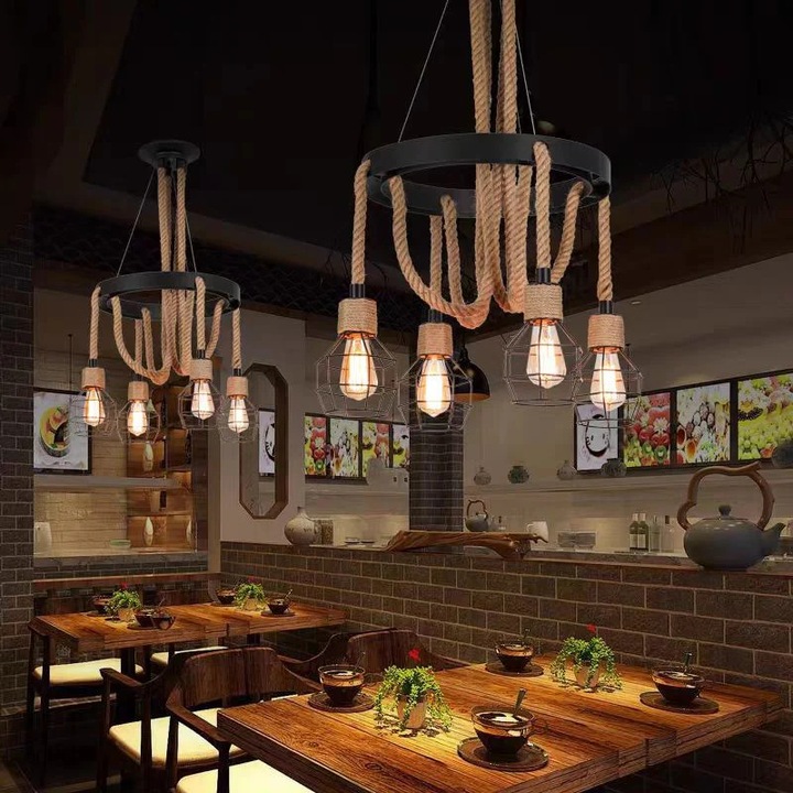 Lustra Roata LV580/4BK, 4xE27, Diametru 40, Inaltime 120, Negru, Maro, Metal, Textil, Becuri Neincluse