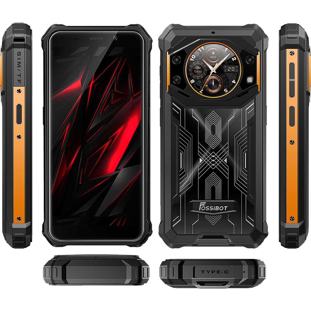 Telefon mobil FOSSIBOT F101 Pro, Dual SIM, 4G, 5.45-inch IPS, Octa-Core Helio P60, 8GB RAM, 128GB, 10600mAh, NFC, GPS, Radio FM, Suport HAC, IP68/IP69K, Android 13, Orange