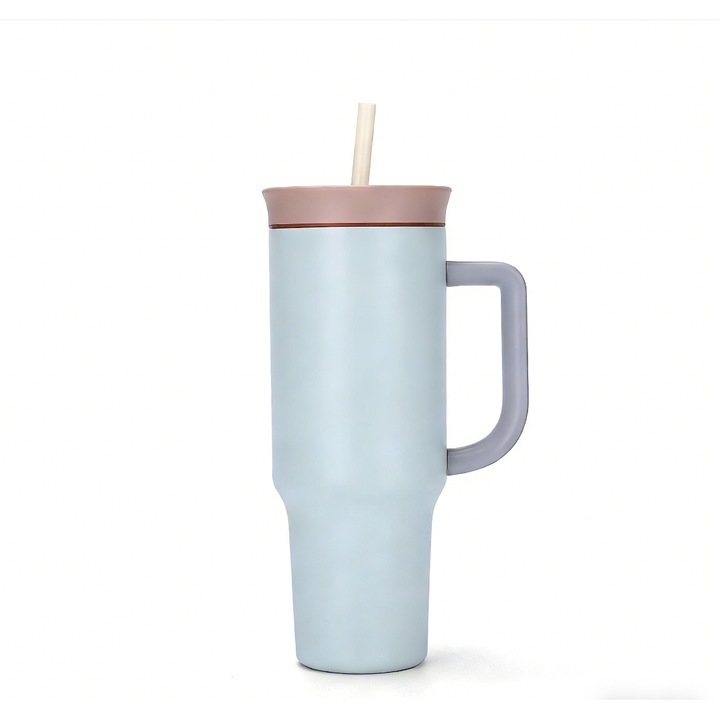 Cana termos din inox, 900 ml, albastru deschis, cu pai si perie de curatare