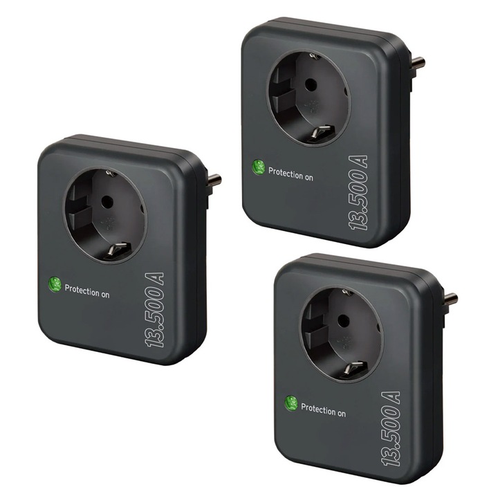 Set 3 x Adaptor Priza Profesional cu Protectie la Fluctuatii de Curent 13.500A, Protejeaza-ti Dispozitivele, 1 Priza, Indicator LED, 230V, 16A, Pachet Optimizat, Gri Antracit