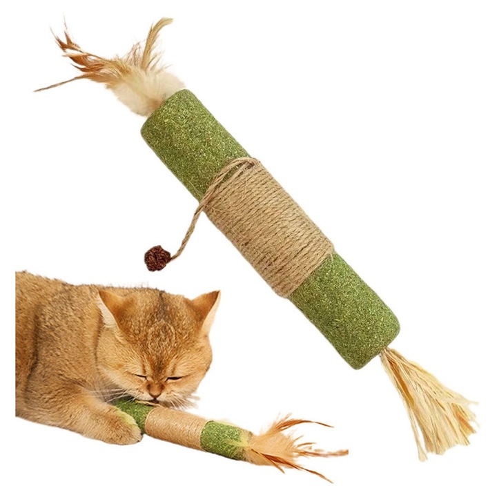 Interaktív játék macskamentával PurrZen Catnip Doty®, cső alakú, tollakkal és kötéllel, vonzó design macskák számára, számos előny, 16 cm