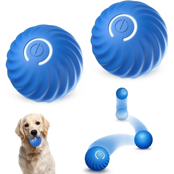 Set 2 Jucării Interactive pentru Câini și Pisici, Sunshine Smile, Funcție Auto Rulare, Rezistență la Apă, Albastre