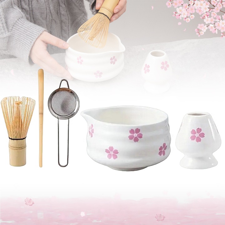 Set de ceai matcha 5 piese, Bedee, pentru ceremonia ceaiului, Bol ceramic, Tel de bambus, Suport ceramic pentru tel, Lingura, Sita din otel inoxidabil, Usor de prins si de curatat, pentru calmant si meditativ, Cadou perfect pentru iubitorii de ceai, Alb