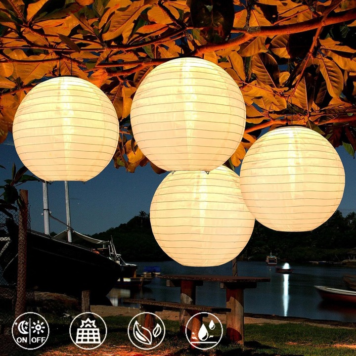 Set 4 Lampa solara de gradina, Bedee, 25cm, Felinare, Usor de utilizat, Impermeabil, Reutilizabile, Lumina alb cald, Decoratiuni exterioare de peisaj, pentru gradina, terasa, curte, alee, balcon, Alb