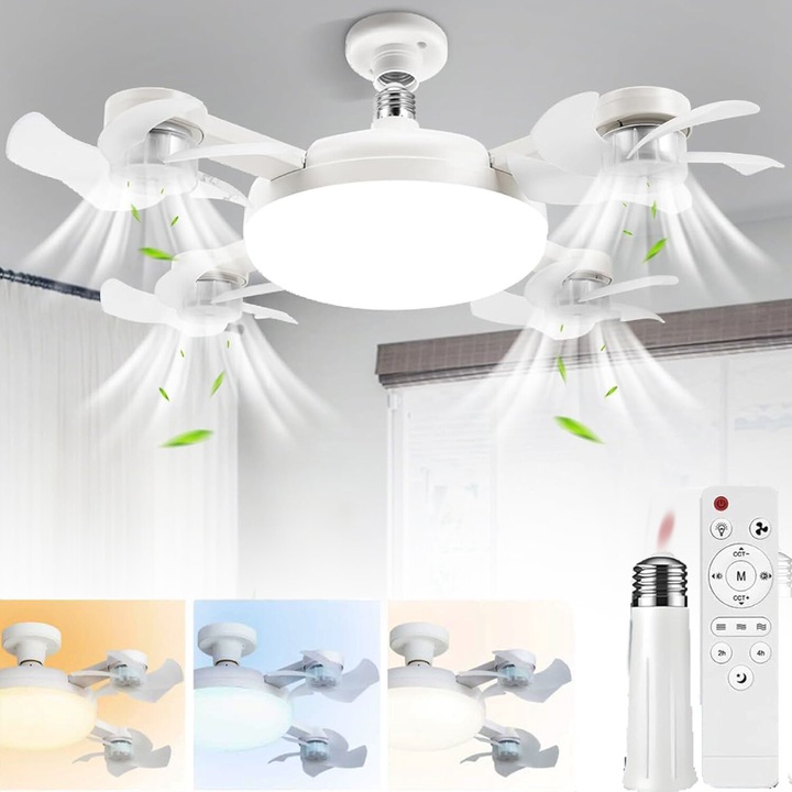 Ventilator de tavan cu lumina, Bedee, cu telecomanda, 3 viteze, Trei temperaturi de culoare, luminozitate reglabila, Zgomot redus, E27, Design modern, pentru sufragerie, dormitor, camera, birou, Alb