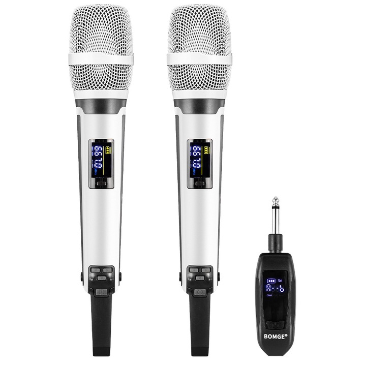 Microfon wireless Microfon fara fir BOMGE SKM9000, 2 canale, Receiver wireless, dinamic, cu 2 Microfon wireless de mana, distanta de pana la 200m, cu Receiver Jack 6,35mm, Baterie reincarcabila, Plug and Play, Pentru karaoke, cablu usb, alb