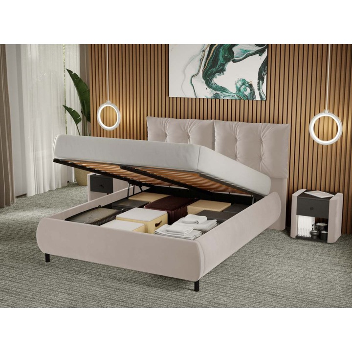 Pat Tapitat Anubis, Rabatabil cu Perne pe Spatar, 160x200, Crem/Velluto 2