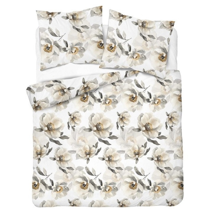 Lenjerie de pat set 160x200cm, DETEXPOL, 2x70x80cm, alb cu flori