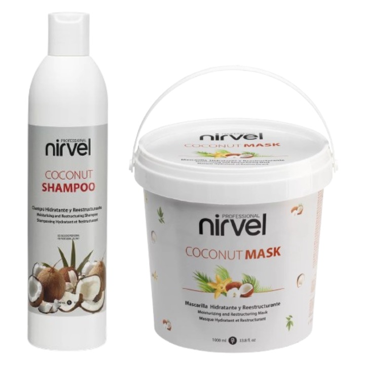 Pachet hidratare si restructurare Sampon 500ml si Masca 1000ml, Nirvel, cu cocos, pentru par uscat si degradat