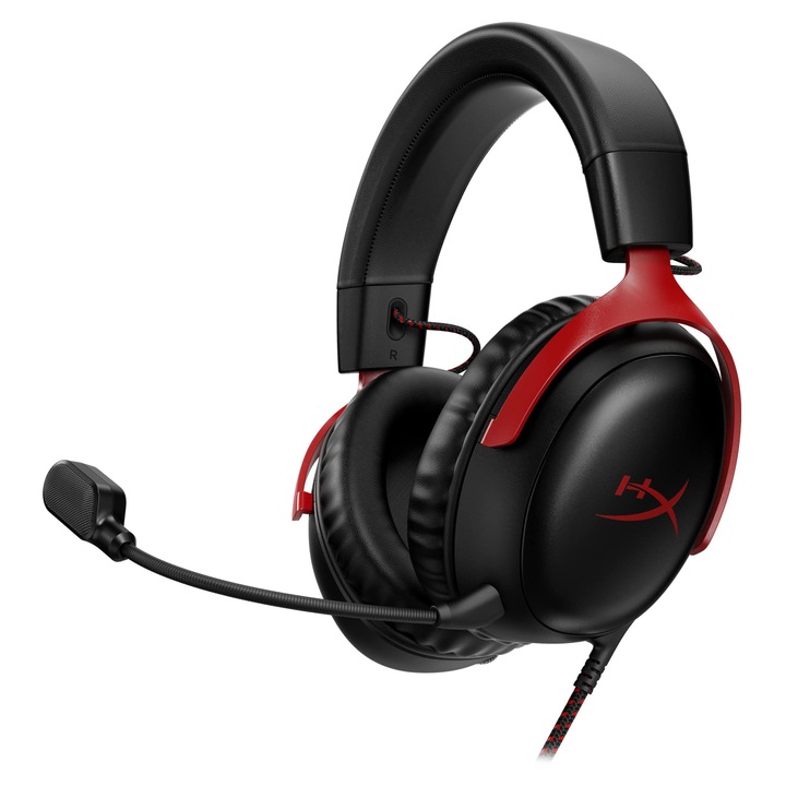 Cască wireless HyperX Cloud III, 53 mm, spumă cu memorie, microfon cu anulare a zgomotului, negru/roșu