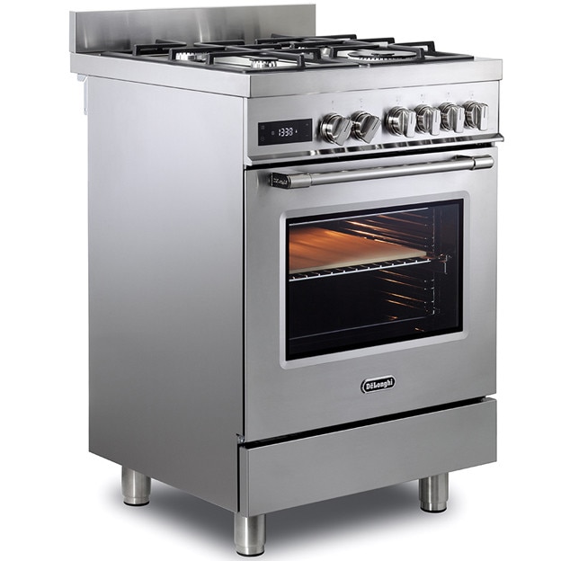 Aragaz mixt DeLonghi PRO 66 MXL PZ RO cu plita 4 arzatoare pe gaz, arzator tip Wok, grilaje din fonta si cuptor electric multifunctional, 74 litri, 11 functii, clasa A, 60 cm, inox