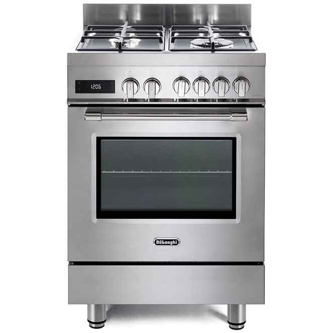 Aragaz mixt DeLonghi PRO 66 MXL PZ RO cu plita 4 arzatoare pe gaz, arzator tip Wok, grilaje din fonta si cuptor electric multifunctional, 74 litri, 11 functii, clasa A, 60 cm, inox