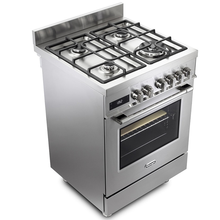 Aragaz mixt DeLonghi PRO 66 MXL PZ RO cu plita 4 arzatoare pe gaz, arzator tip Wok, grilaje din fonta si cuptor electric multifunctional, 74 litri, 11 functii, clasa A, 60 cm, inox