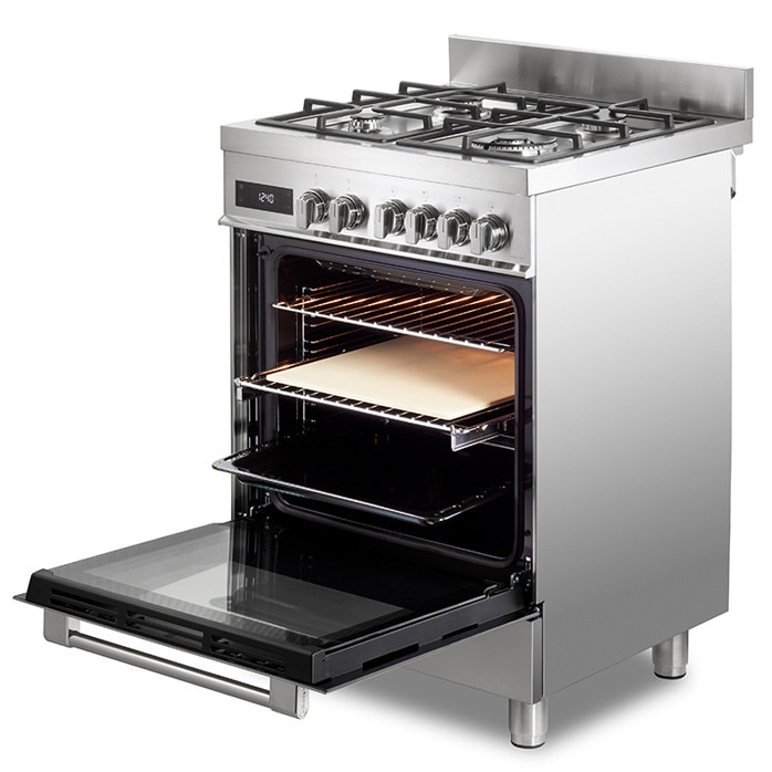 Aragaz mixt DeLonghi PRO 66 MXL PZ RO cu plita 4 arzatoare pe gaz, arzator tip Wok, grilaje din fonta si cuptor electric multifunctional, 74 litri, 11 functii, clasa A, 60 cm, inox