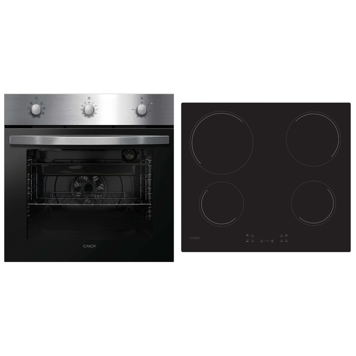 Pachet Candy P CT20CXCH64CCB, 70 litri, 7 programe de gatire, clasa A+, inox + plita vitroceramica, 4 zone, touch control, 60 cm, negru
