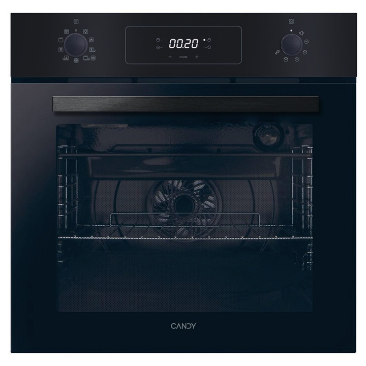 Cuptor electric incorporabil Candy FCM955NRL-C, clasa A, 70 litri, 9 functii, easy Steam, curatare Pirolitica & Hidrolitica, display touch control & 2 selectoare mecanice, negru