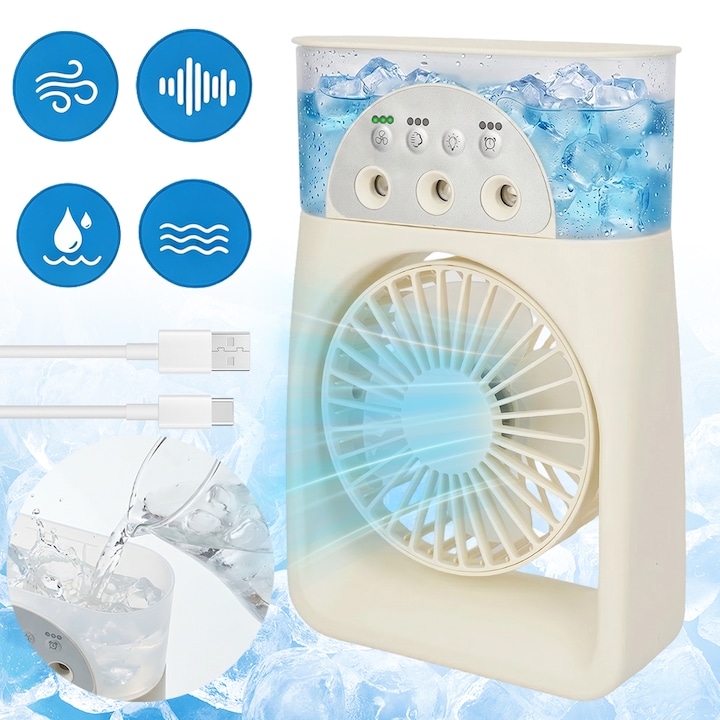 Ventilator portabil, Bedee, Racitor de Aer, Umidificator, 3 viteze, 2 moduri pulverizare, Rezervor 250 ml, Iluminare LED, Temporizator, Design Compact, Ventilator cu apa racire aer, pentru camera, birou, camping, living