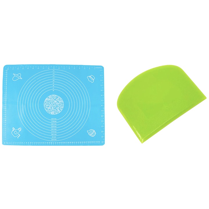 Covoras de silicon pentru aluat + Cutit de plastic pentru taierea aluatului, Winder Home, albastru/verde