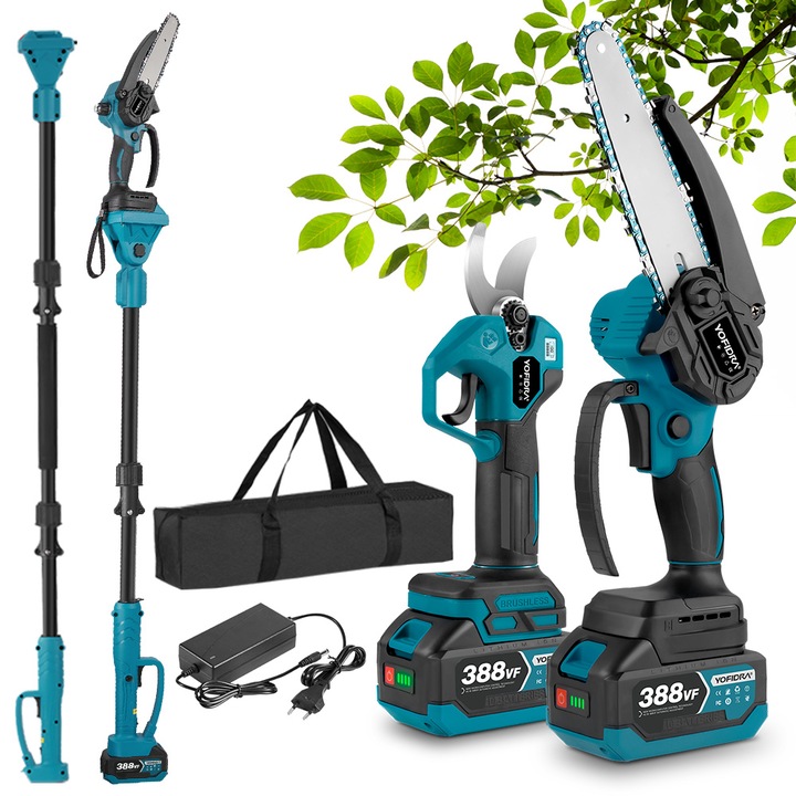 Ferastraie cu lant Yofidra 6 Inch, set cu foarfece de tuns, 2 baterii 3000mAh, tije prelungitoare 2m