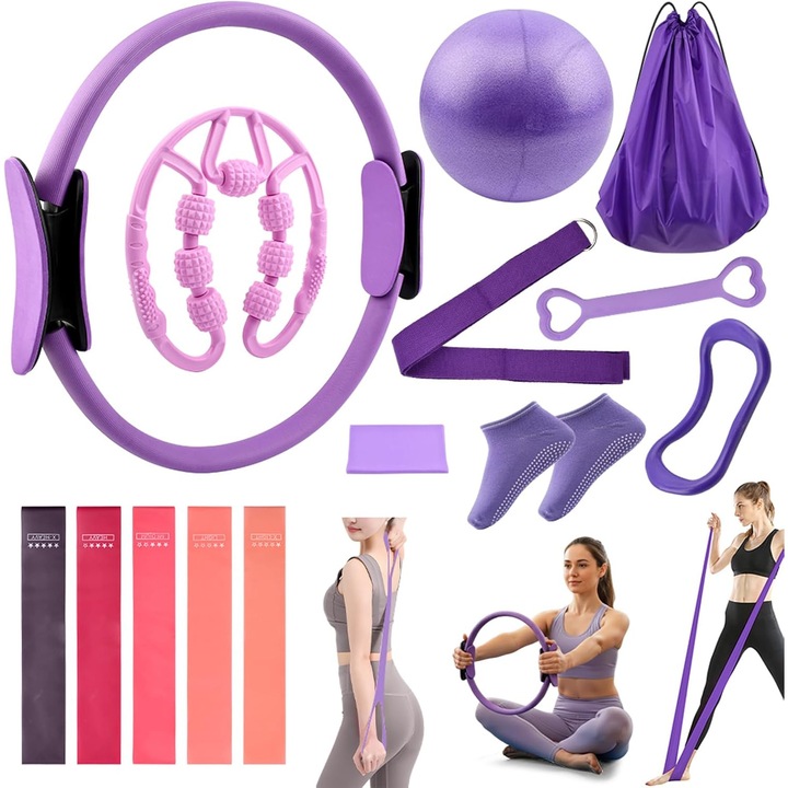 Комплект за пилатес от 14 части, Socodox, пилатес кръг и топка, 5 ластика за съпротивление, чорапи против приплъзване, чанта за носене