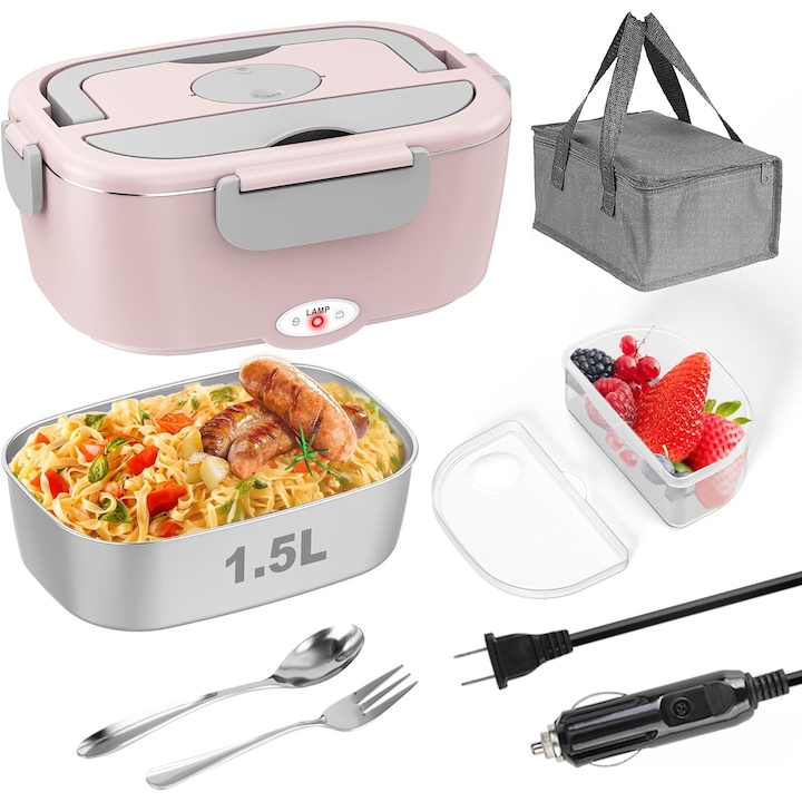 Többfunkciós elektromos ételhordó, Socodox, 1.5L, 80W, kétrétegű kialakítás, rózsaszín