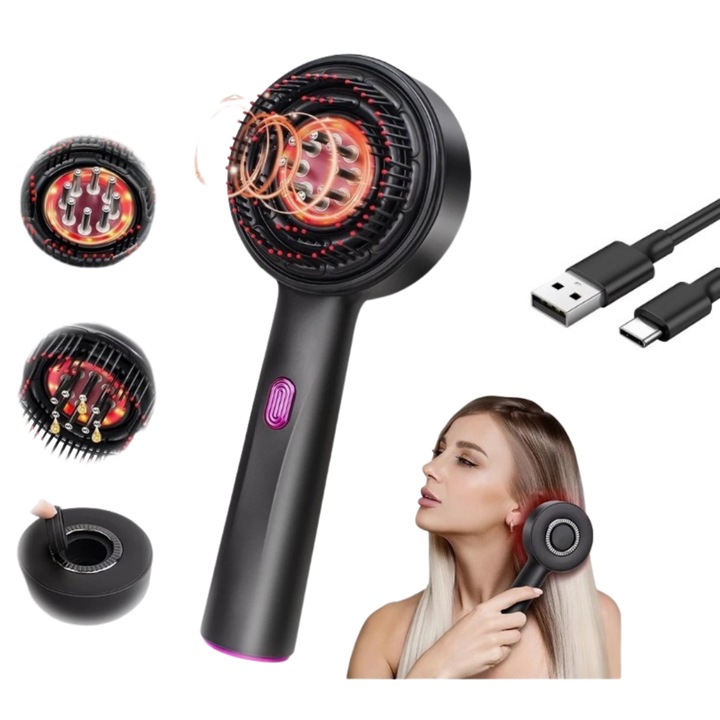 Perie Electrica Prodys, pentru Par si Scalp, 3 in 1, Terapie cu Lumina, Masaj, Regenerare si Crestere Par, Ulei, Portabila, Rezistenta la Apa