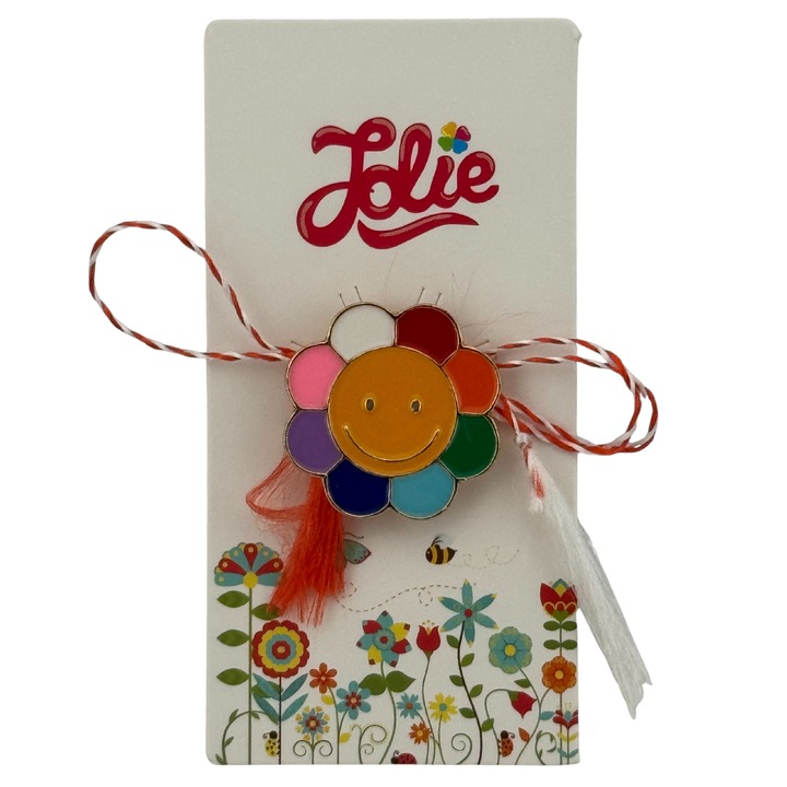 Martisor pentru copii, Jolie, Material Metal, Ambalaj Carton cu Design, Dimensiune Brosa Aproximativ 2x2 cm, Multicolor, Model Floare