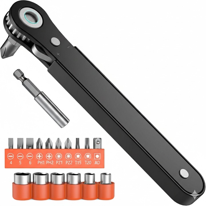 Derékszögű csavarhúzó készlet, 18 az 1-ben, 10 bit, 6 dugókulcs, kompakt, hordozható
